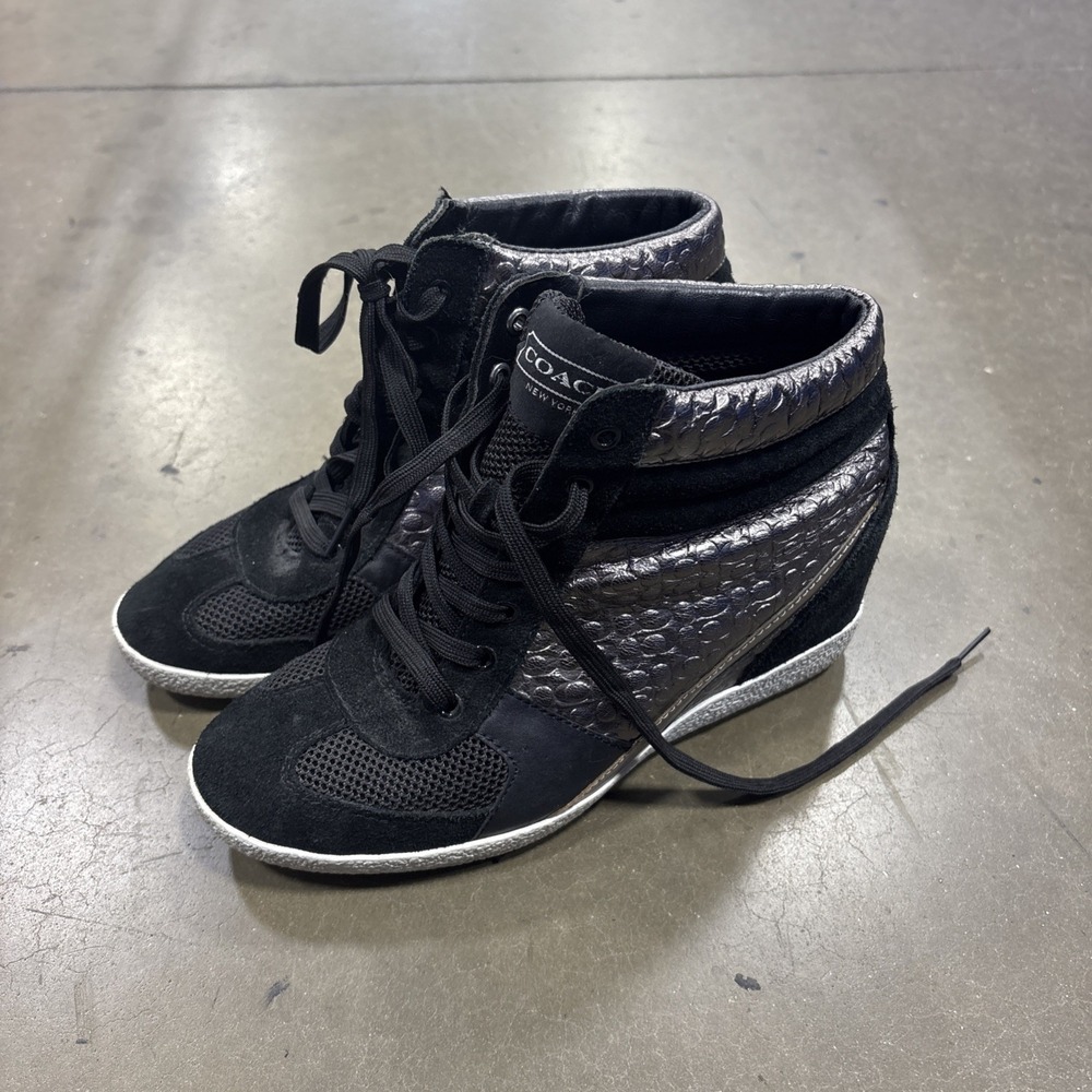 Coach Sneakers Shoes Womens Sz 9.5 M Naples Hidden Wedge Black Silver High Top